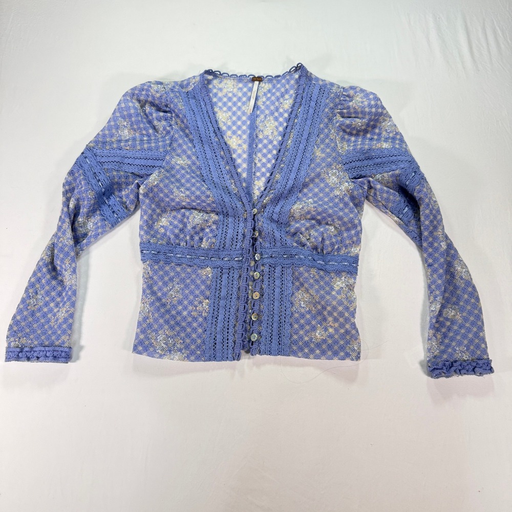 Free People Gingham Floral Lace Cardigan Top Women's‎ XS Blue Sheer Boho V-Neck